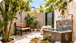 The shaded garden courtyard with a bench and water feature